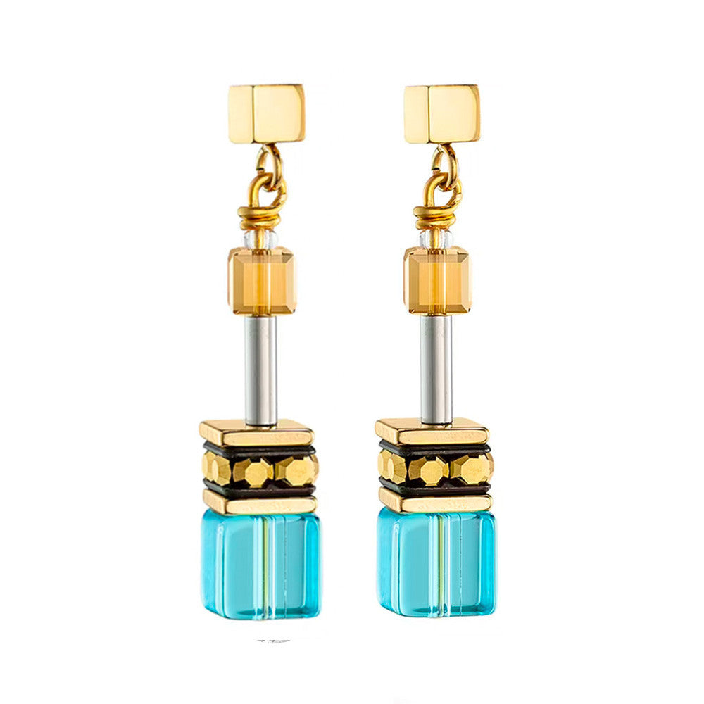 Boucles d'Oreilles Pendantes Coeur de Lion Collection Geocube en Acier et Verre - 1